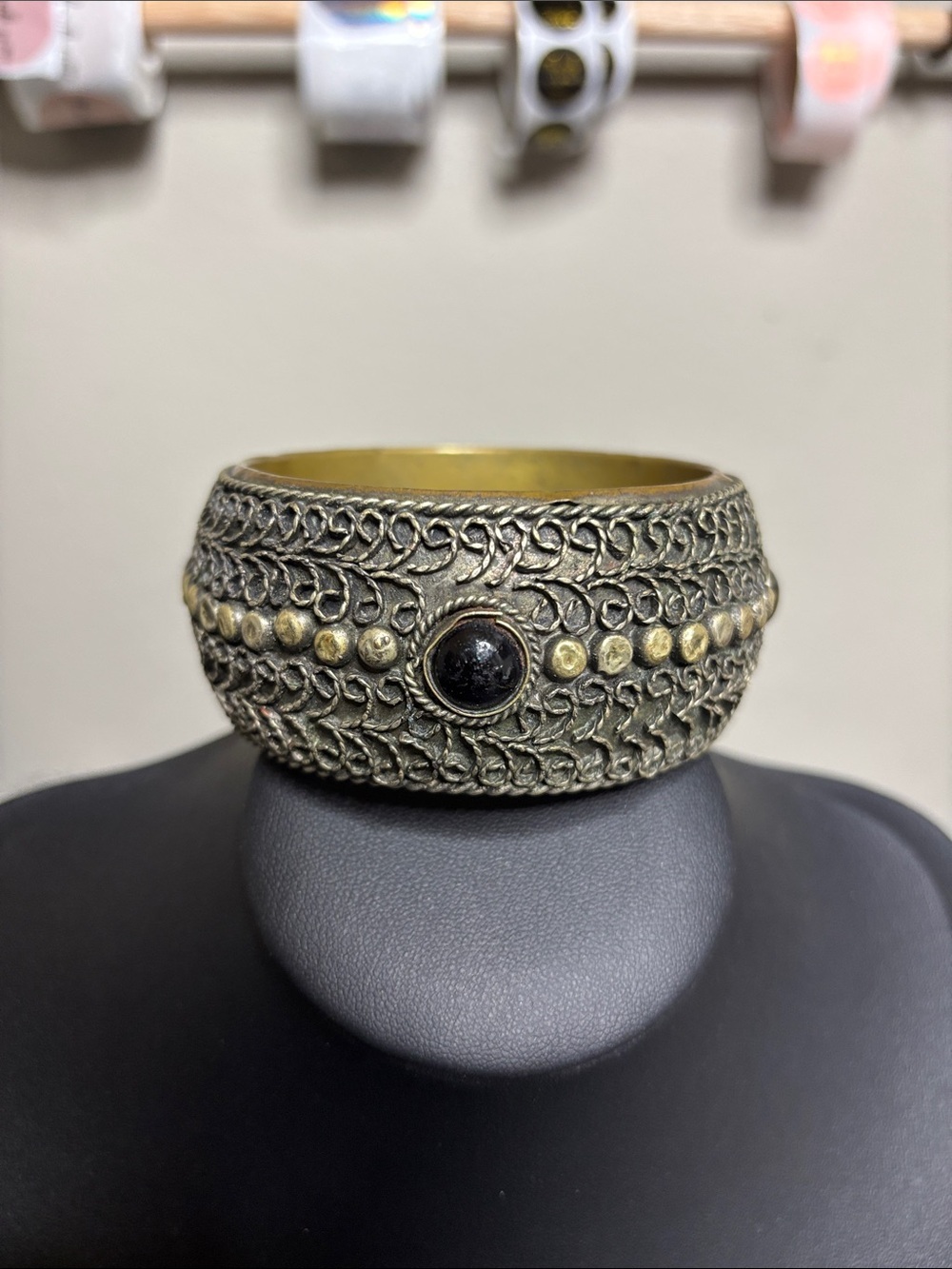 Chunky Statement Ornate Brass Filigree Bracelet Black Stone Accent